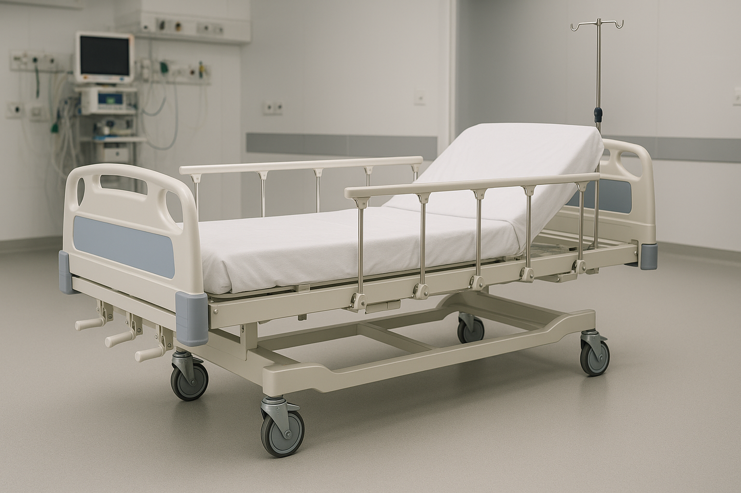 3-crank manual ICU bed featuring backrest, knee-rest, and height adjustment using mechanical cranks. Comes with collapsible side rails, powder-coated steel frame, and IV rod provision. Designed for semi-critical care units and wards.