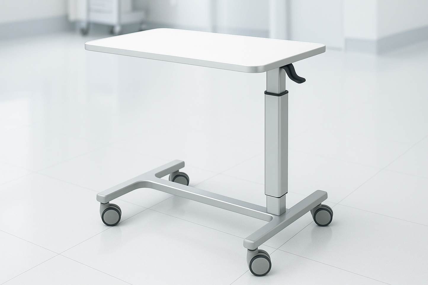 Adjustable ICU overbed table with laminated top and smooth hydraulic height adjustment. Equipped with noiseless wheels and C-frame design to slide under beds. Ideal for food trays, charts, or devices