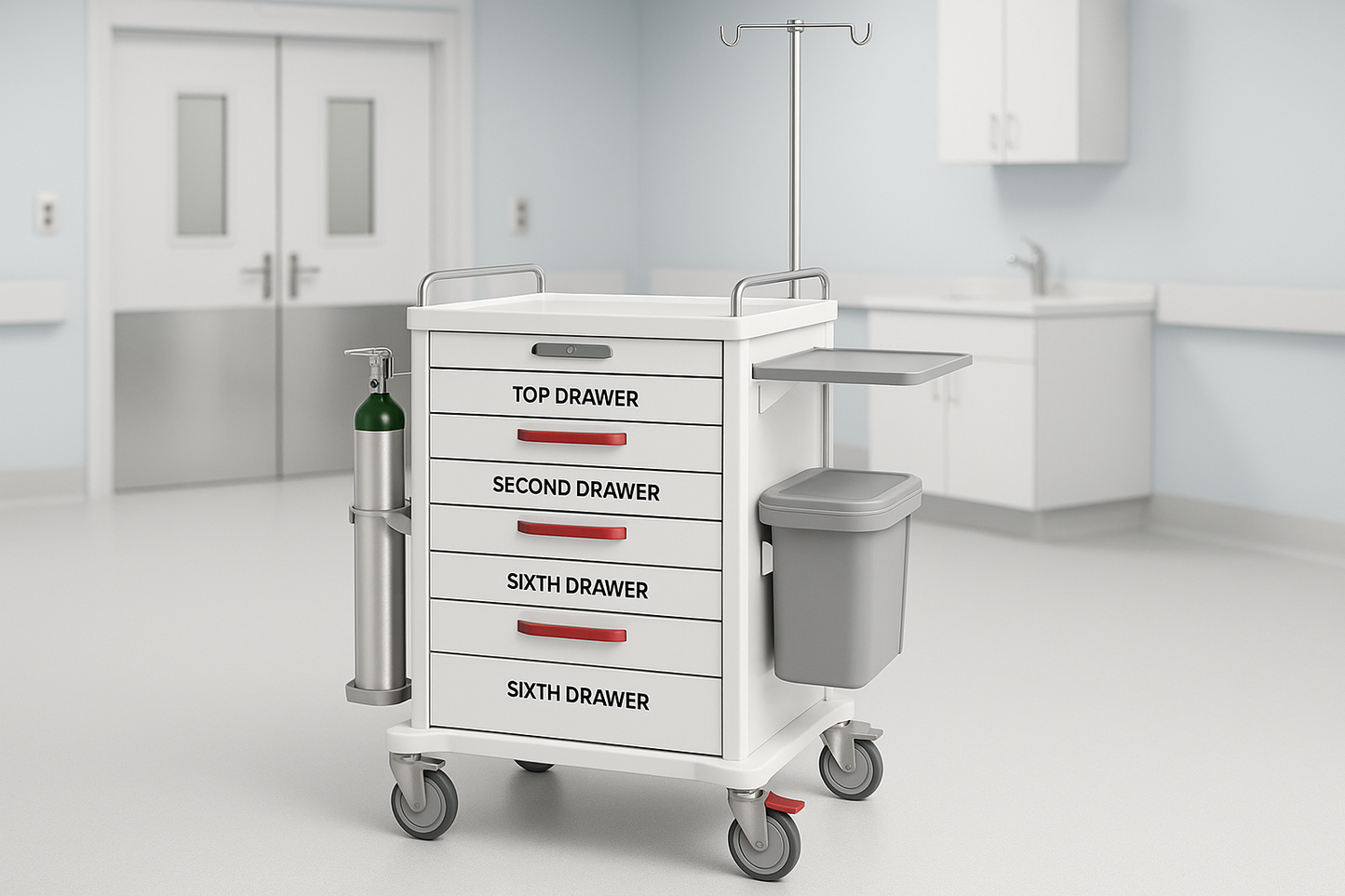 Advanced crash cart trolley with six lockable drawers, sliding shelf, waste bin, IV rod, and oxygen cylinder holder. Anti-rust epoxy finish and smooth mobility wheels. Essential for emergency response zones.