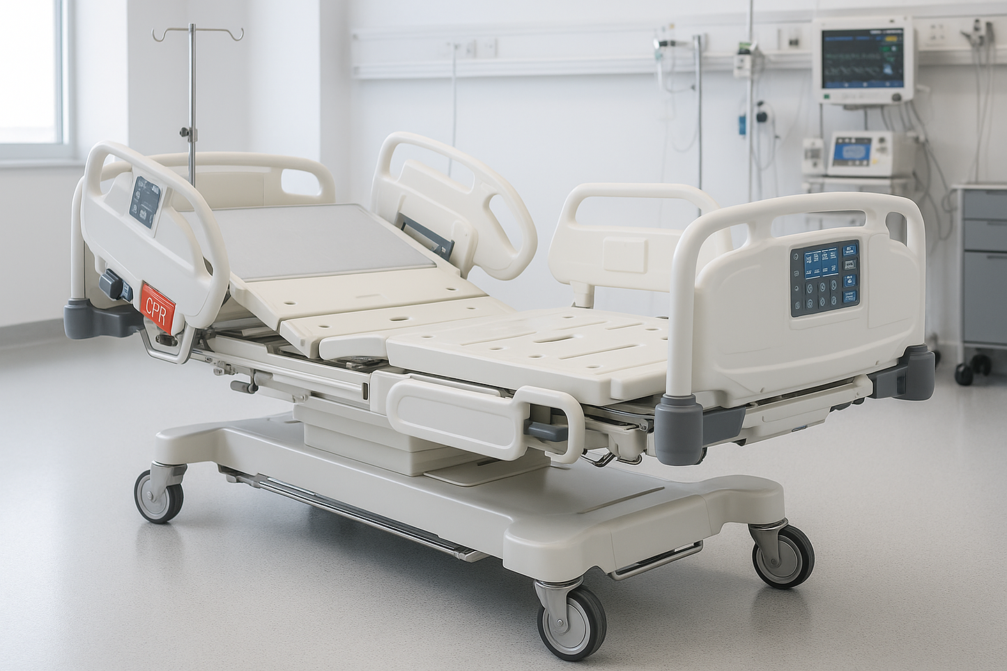 Advanced ICU bed with 7 motorized functions, inbuilt CPR lever, and nurse control panel. Features central lock castors, battery backup, ABS molded panels, and an X-ray permeable backrest. Suitable for multi-discipline critical care.