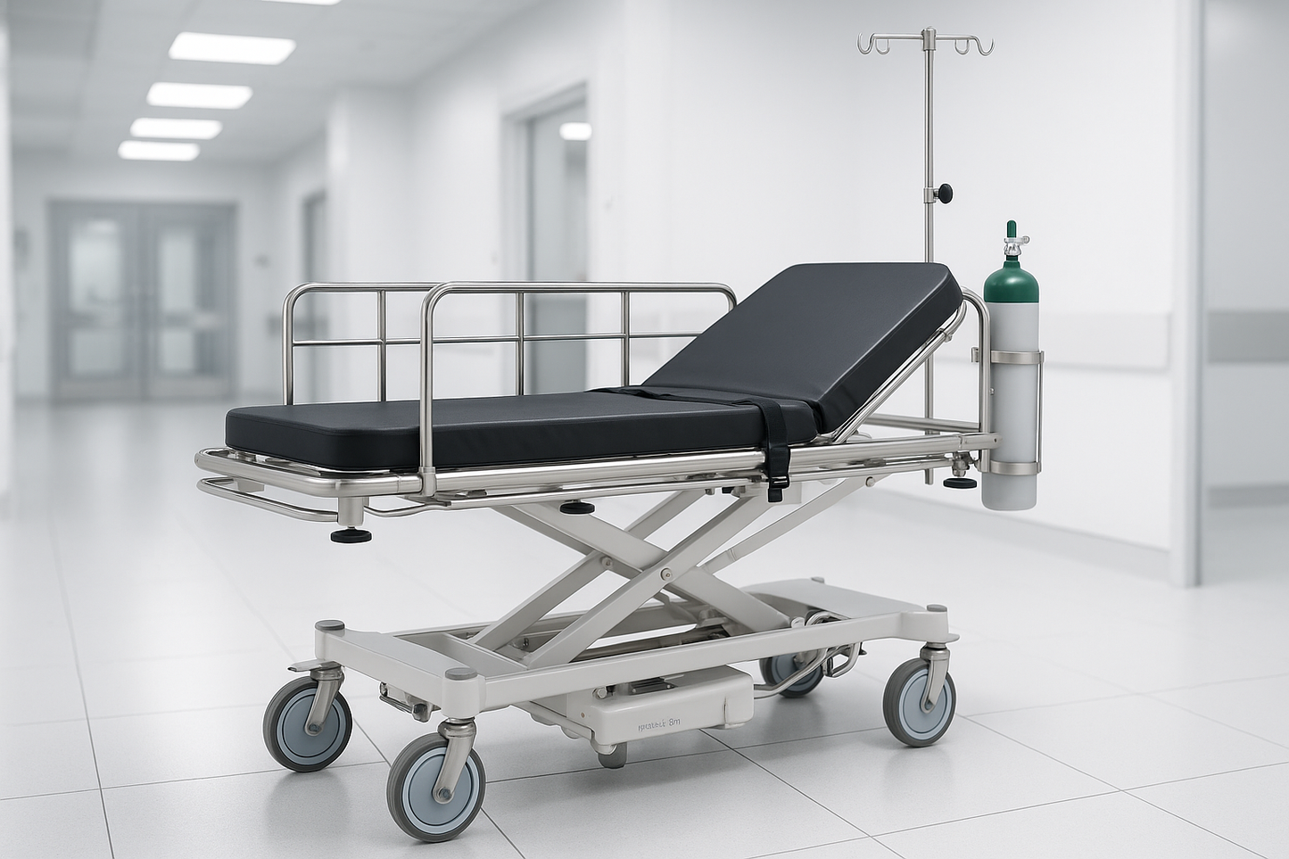 Advanced multi-function emergency stretcher trolley with hydraulic adjustment, IV stand, oxygen cylinder holder, and shock-absorbing wheels. Designed for seamless patient transfer in ICUs and ERs.