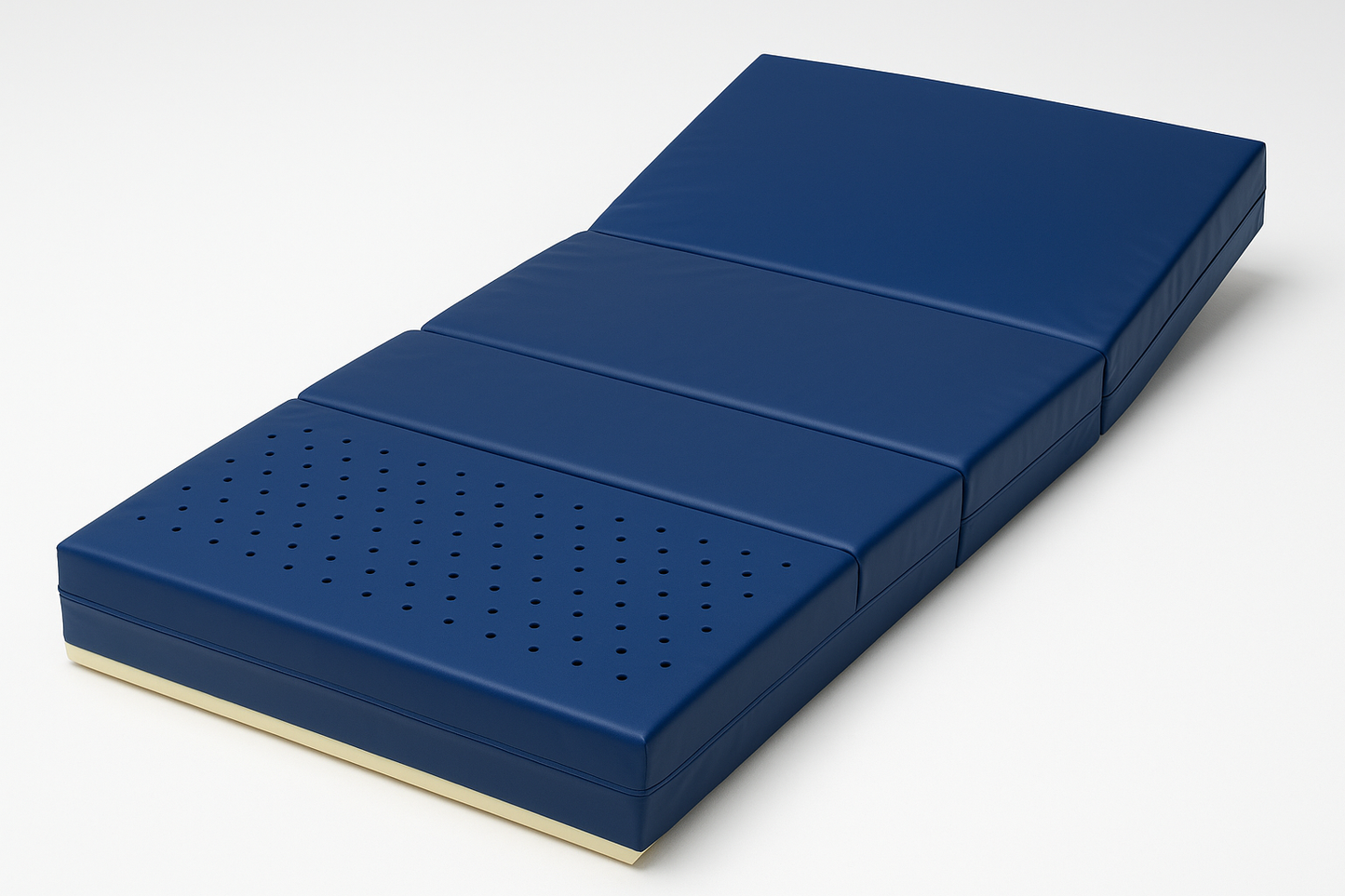 blue 4-section PU foam mattress designed for electric and manual ICU beds. Comes with waterproof and anti-microbial PVC cover. High-density support with ventilation holes for long-term patient comfort.