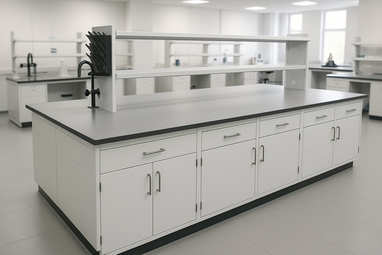 Central island bench for collaborative lab work. Includes storage cabinets and chemical-resistant work surface.
Central placement for teamwork
Storage cabinets underneath
Chemical-resistant top
Modular design