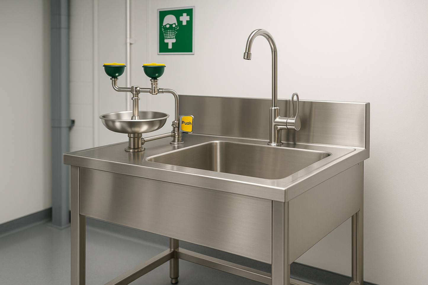 Chemical-resistant sink unit with integrated emergency eyewash station. Built to meet safety standards.
Chemical-resistant sink
Integrated eyewash station
Stainless steel construction
Meets safety standards