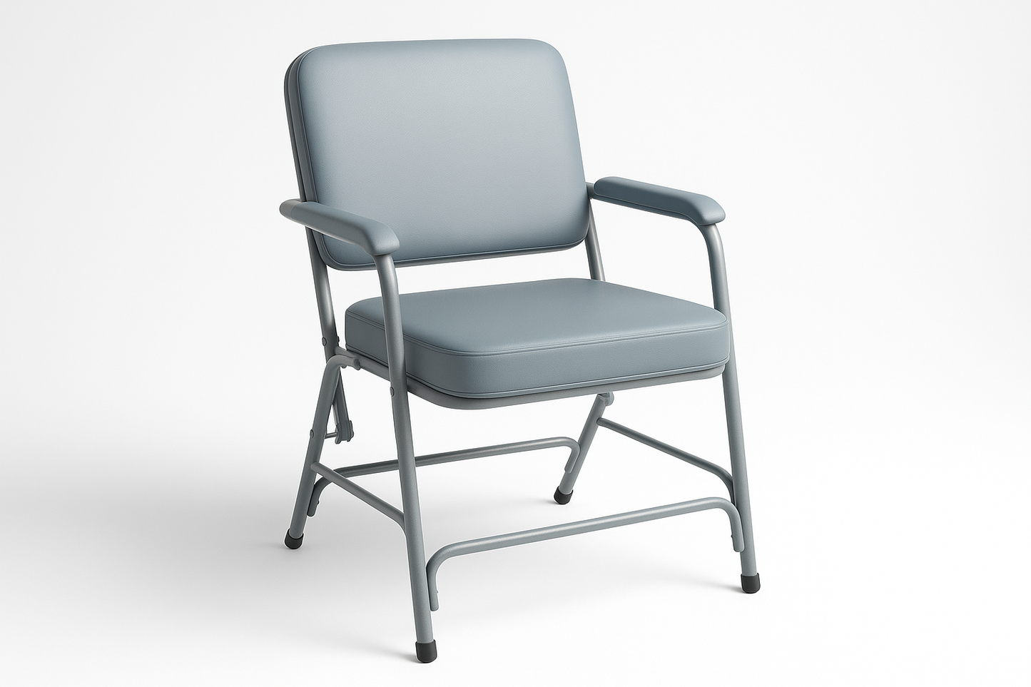 Comfortable attendant chair designed for hospital and clinic visitors. Features cushioned seat and backrest, armrests, and a foldable tubular steel frame for easy storage. Powder-coated for rust resistance and long life.