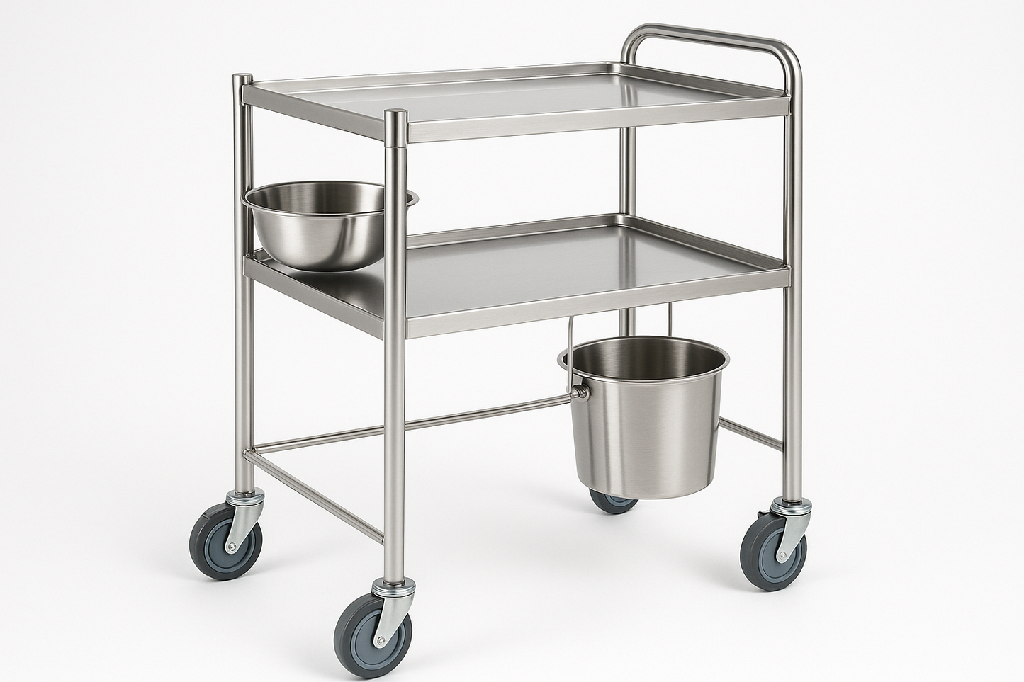 Compact dressing trolley with dual stainless steel shelves, fitted SS bowl and bucket, tubular handle, and 4 castors. Ideal for wound cleaning and minor procedures in wards and clinics.