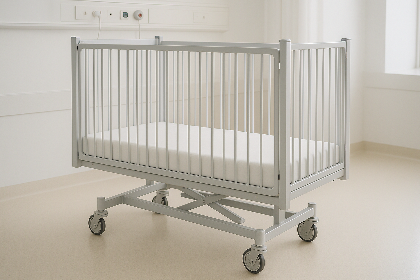 Crib-style hospital cot designed for infants and toddlers. Features enclosed vertical safety panels, soft mattress, powder-coated steel frame, and anti-rust finish. Ideal for pediatric wards and daycare clinics.