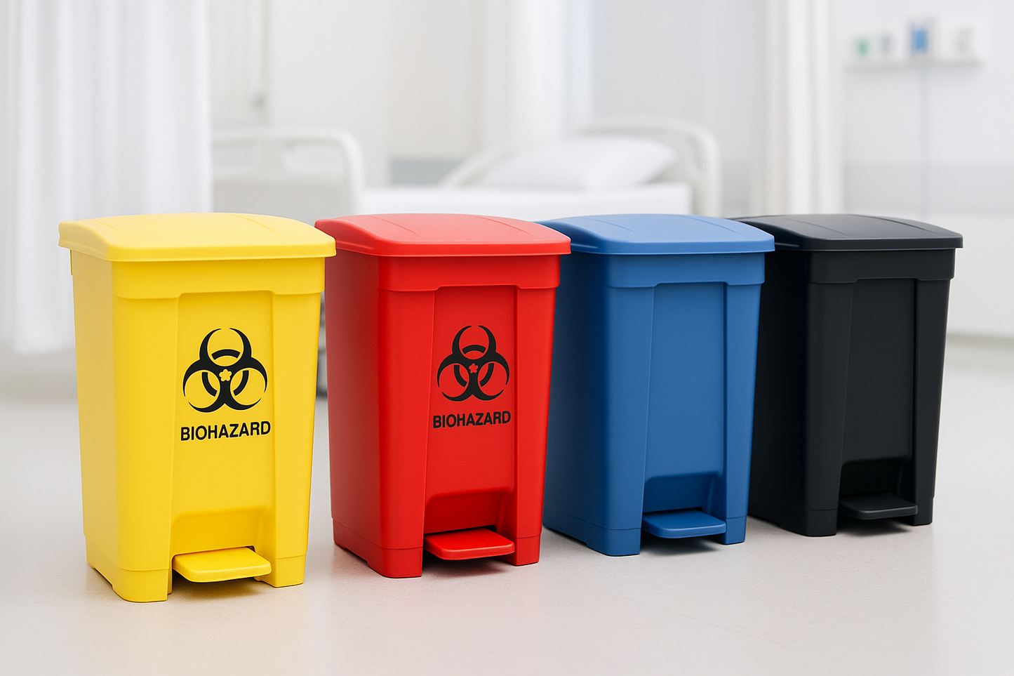 Durable color-coded biomedical waste bin with foot pedal for hands-free operation. Available in Yellow, Red, Blue, and Black for proper hospital waste segregation. Made from high-quality plastic, easy to clean, and compliant with biomedical waste disposal regulations.