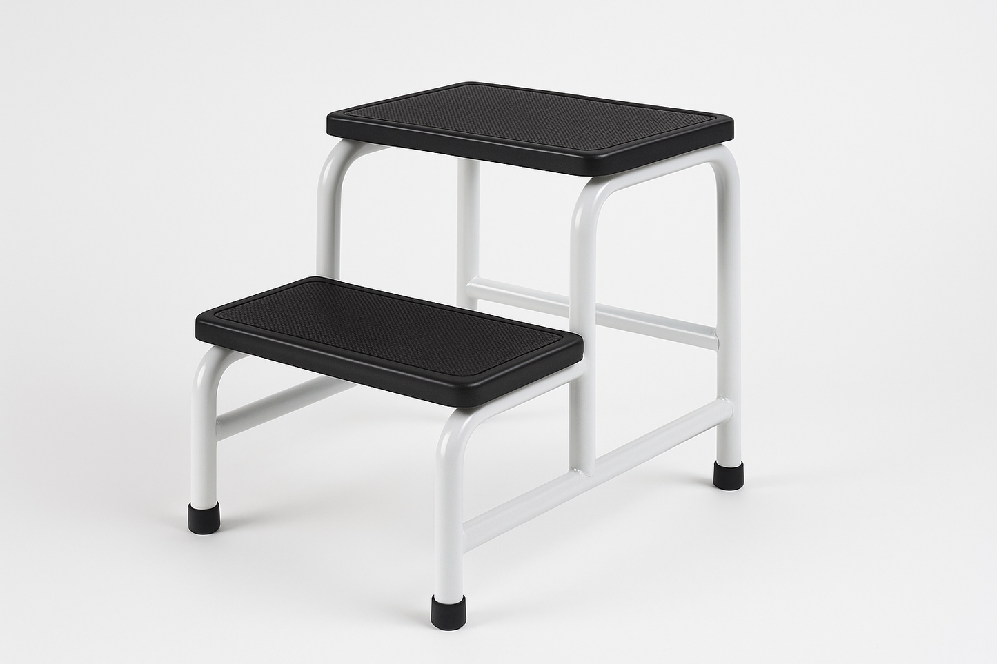 Durable double-step stool with anti-slip surface for patient safety. Powder-coated steel frame with rubber grips.
