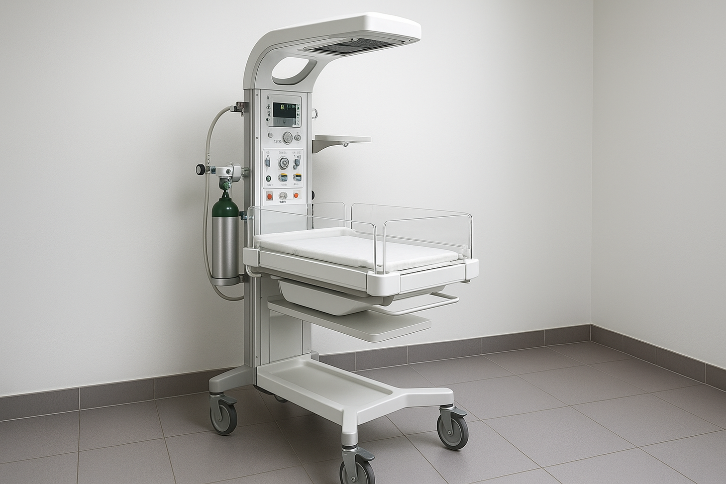 Essential neonatal equipment with radiant heat source, temperature sensors, and baby tray for emergency thermal support. Includes castor wheels and oxygen cylinder holder. Ideal for NICU and delivery rooms.