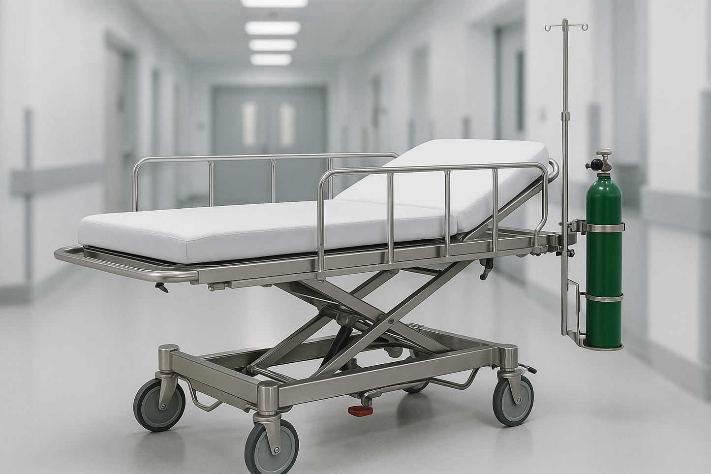 Heavy-duty emergency stretcher trolley with hydraulic height adjustment, central locking castors, and collapsible side rails. Includes removable mattress, oxygen cylinder holder, and IV pole. Designed for trauma and emergency departments.