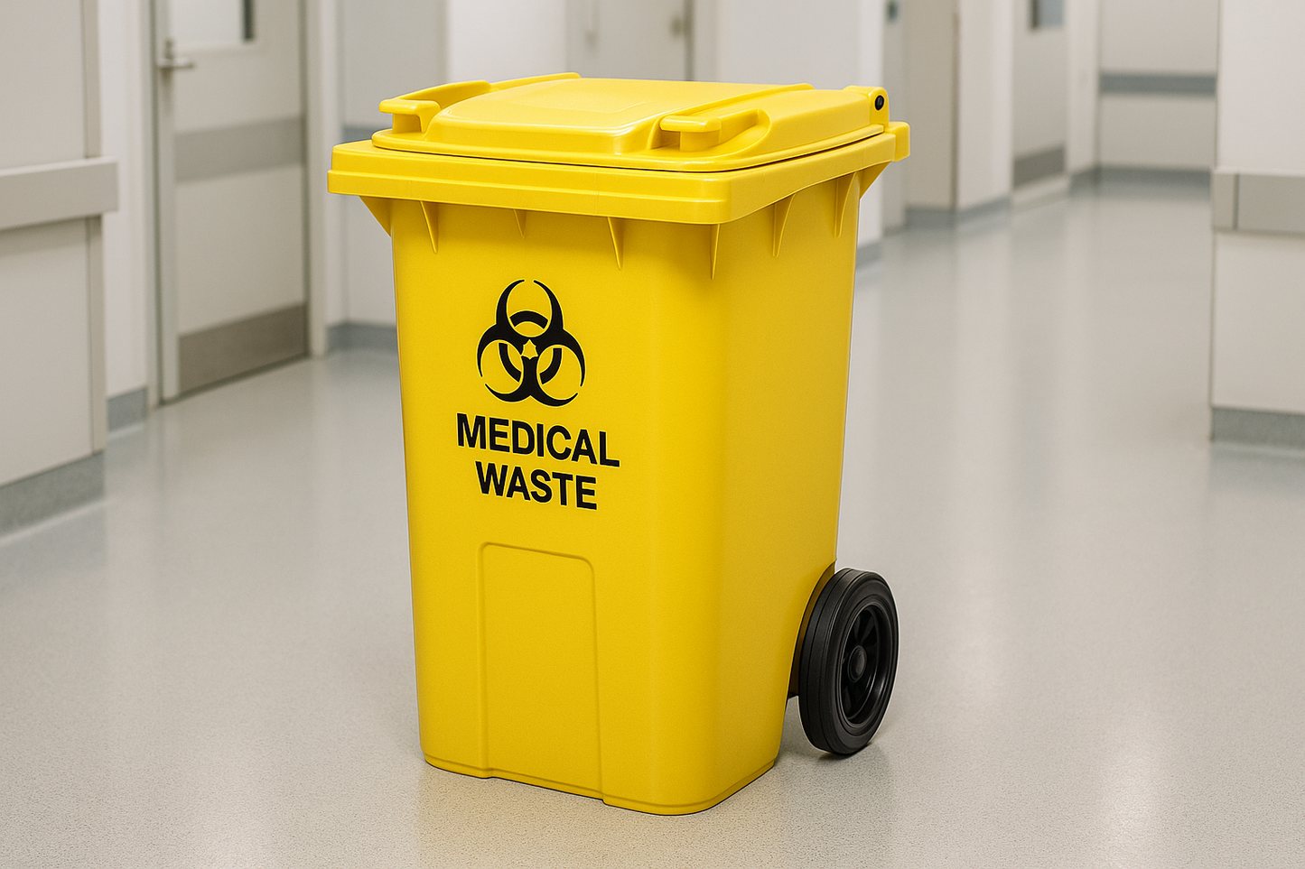 Heavy-duty large capacity wheelie bin for hospital waste management. Fitted with durable wheels for easy movement. Available in 120L and 240L sizes for bulk biomedical waste collection.