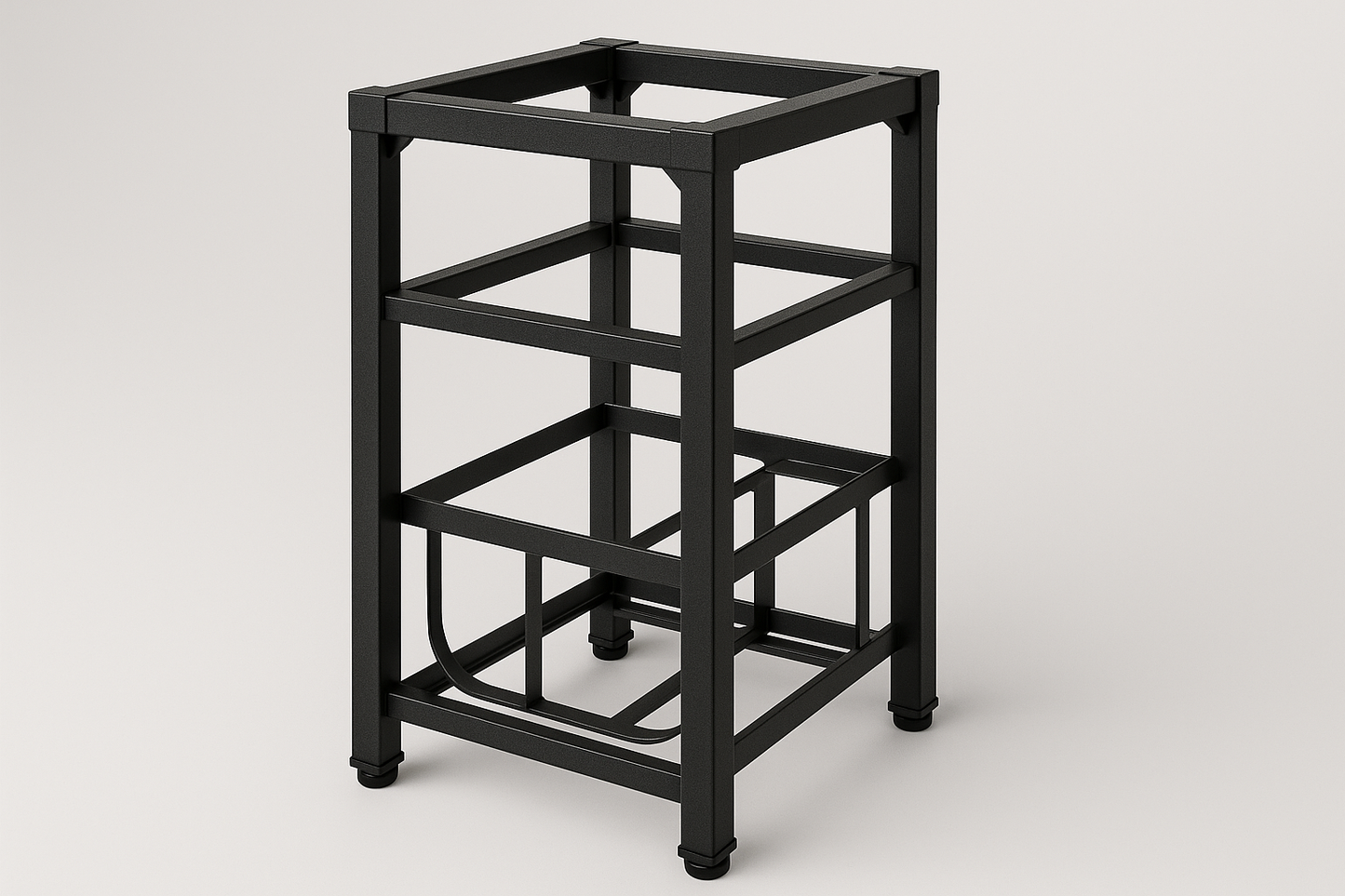 Heavy-duty metal stand for water dispensers with bottle storage space.