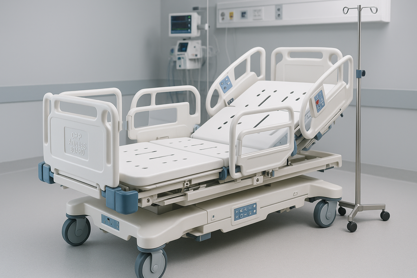 Heavy-duty pediatric ICU bed with integrated CPR access board, backrest adjustment, collapsible side rails, and four-section mattress platform. Suitable for critical care units and emergency pediatric setups.