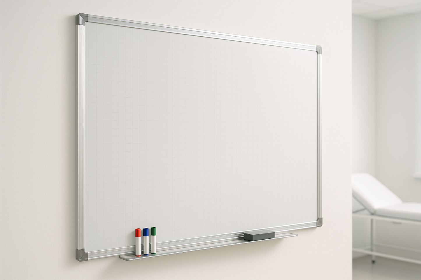 High-quality magnetic whiteboard with aluminum frame for easy note-taking in OPD and consultation rooms. Includes wall mounting kit.