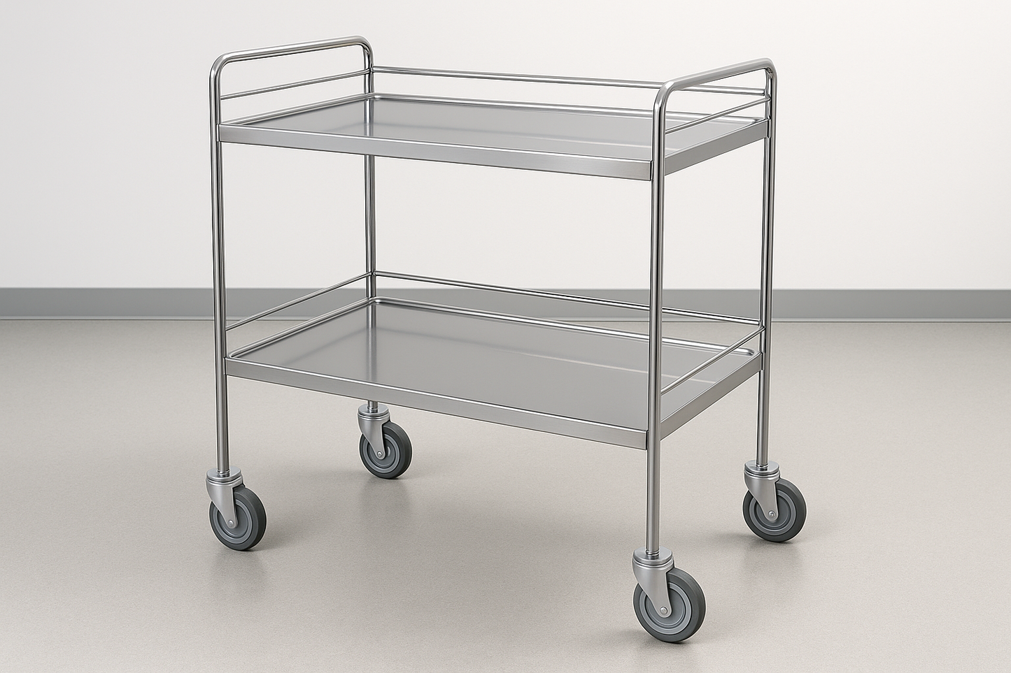 High-quality stainless steel instrument trolley with two shelves and smooth-rolling wheels. Ideal for quick access to tools during consultations.