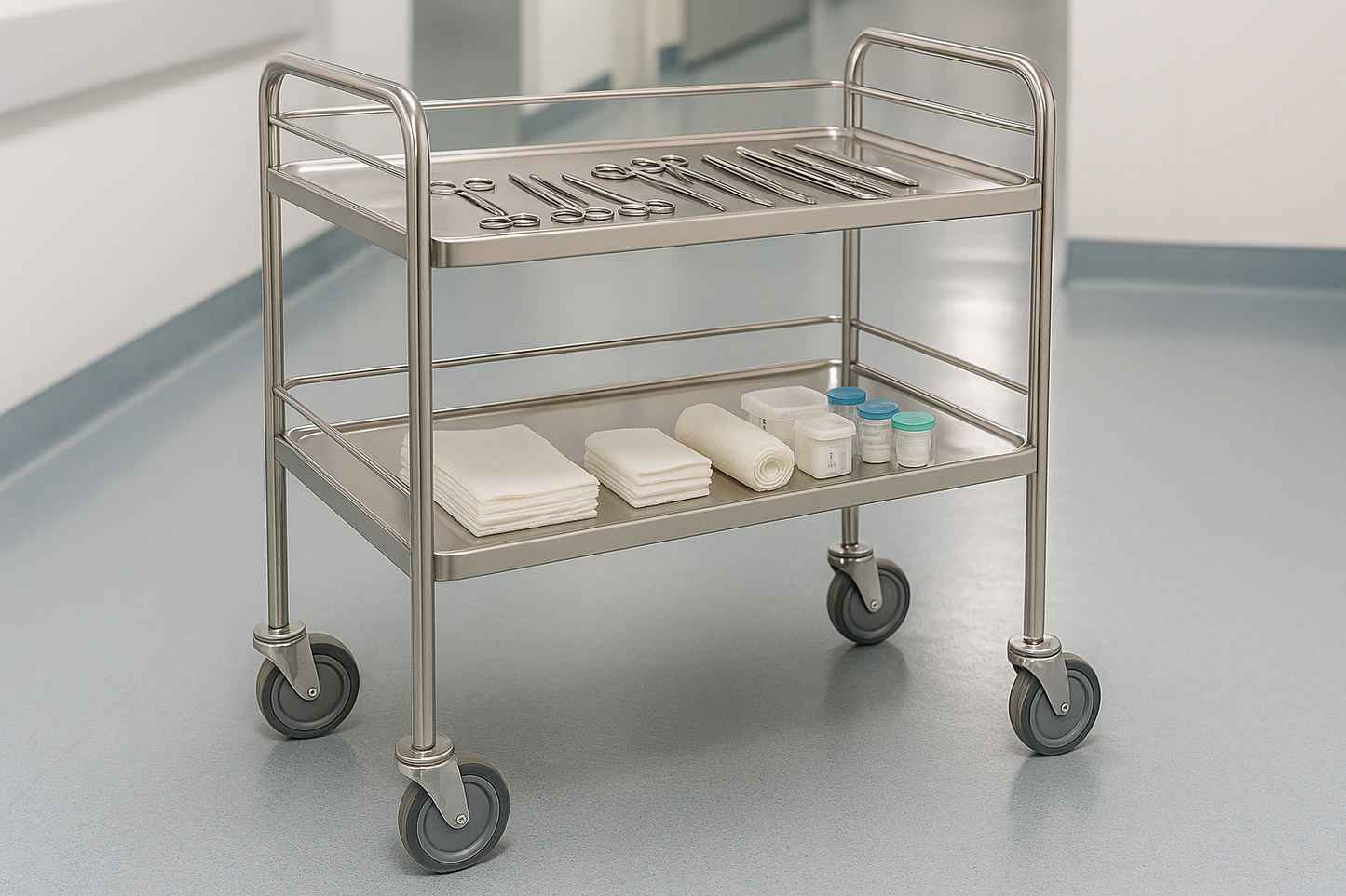Hospital-grade instrument trolley with two SS shelves, 4 swivel castors, and safety guard rails. Ideal for surgical tools, instruments, and dressing materials. Corrosion-resistant and easy to sanitize.