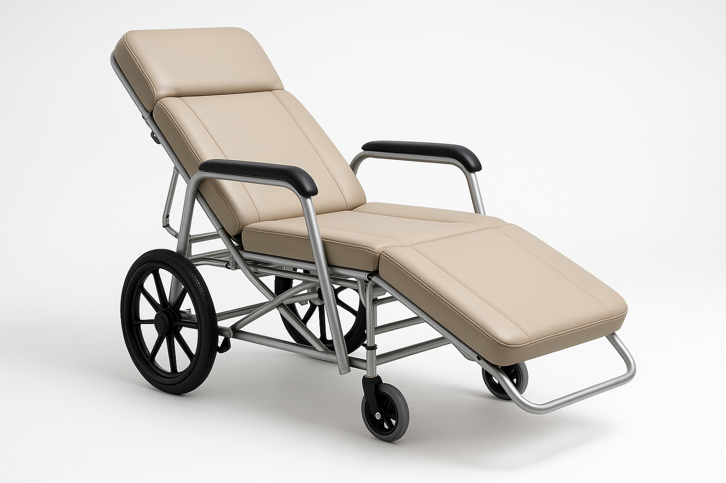 Innovative dual-use chair that converts from wheelchair to recliner. Ideal for immobile patients during treatment or transport. Foldable design, cushioned PU seat, adjustable backrest, and rear-wheel brakes.