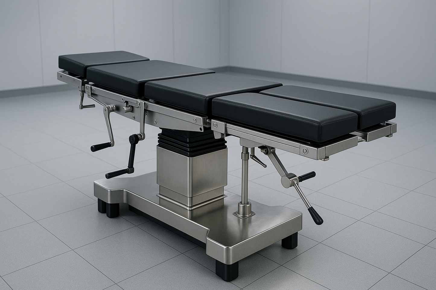 Manual hydraulic OT table with crank-based height and Trendelenburg adjustment. Durable SS base for general surgeries.