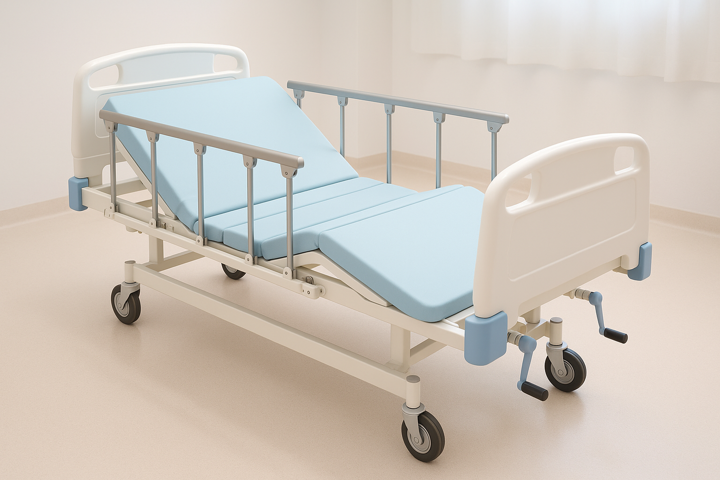 Manually operated pediatric Fowler bed with independent backrest and leg elevation. Equipped with ABS head & foot panels, smooth crank mechanism, and safety side rails. Suitable for pediatric recovery rooms and wards.