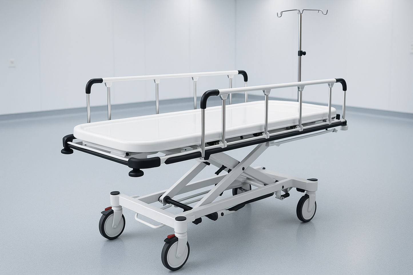 Modern emergency stretcher with ABS top, X-ray translucency, foldable side rails, and height adjustment. Durable epoxy finish and IV stand included. Ideal for ERs and ICUs.