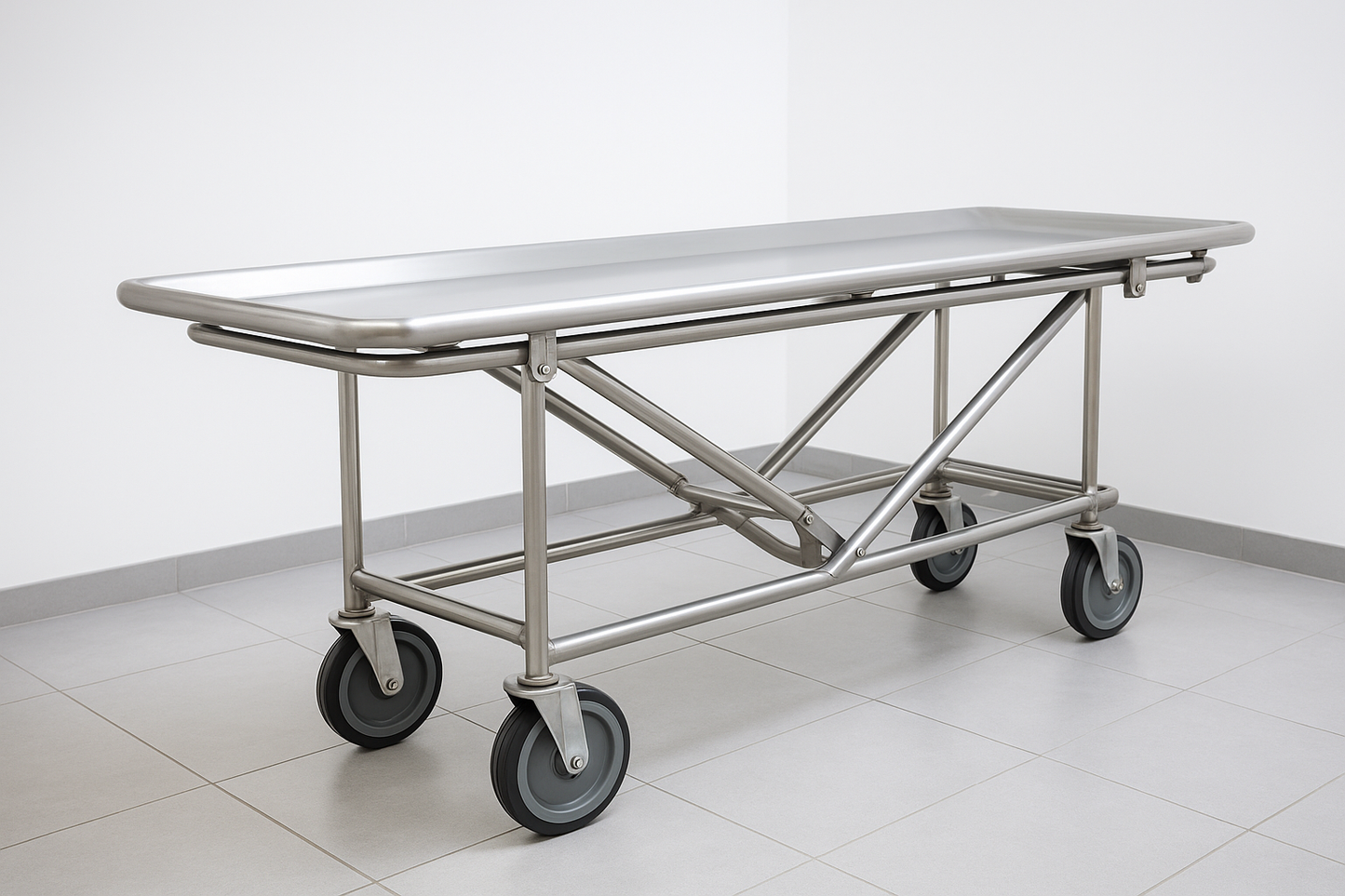 Mortuary stretcher with foldable stainless steel frame and large diameter wheels. Designed for smooth transport of deceased patients. Rust-resistant, easy to clean, and supports up to 180 kg.