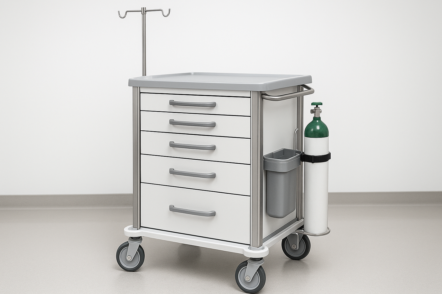 Multi-compartment anesthesia trolley with ABS top, drawers, IV stand, and cylinder holder.