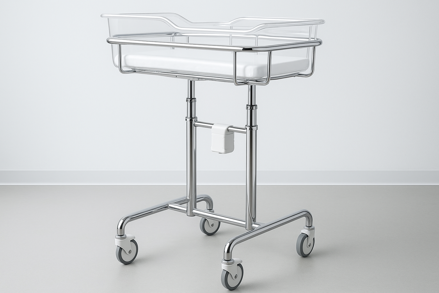 Neonatal bassinet trolley featuring a transparent acrylic cradle, metal frame with height adjustment, and smooth castor wheels. Designed for newborn care in maternity wards, NICUs, and private clinics.