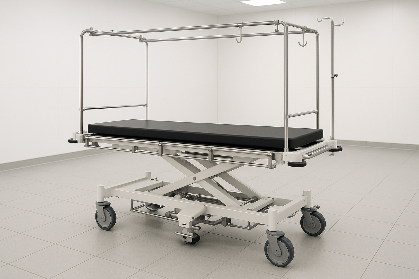 Orthopedic stretcher with hydraulic elevation, x-ray translucent top, and removable traction frame. Used for orthopedic surgeries and trauma care. High stability frame with heavy-duty castors.