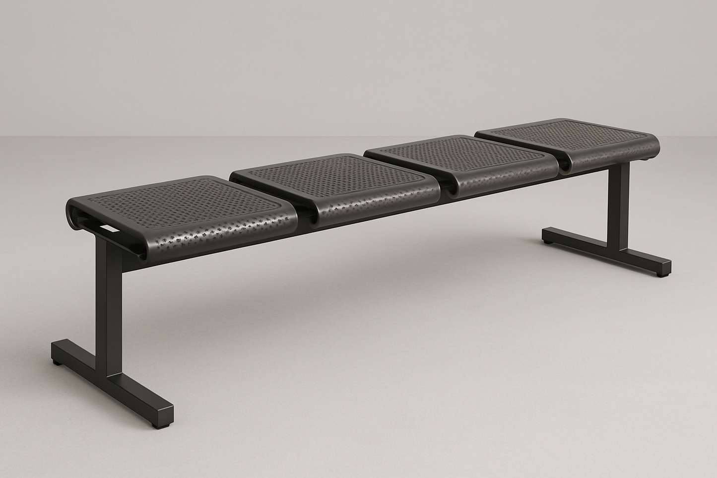 Powder-coated steel frame waiting bench with perforated metal seats. Durable and easy to clean. 4 seater
