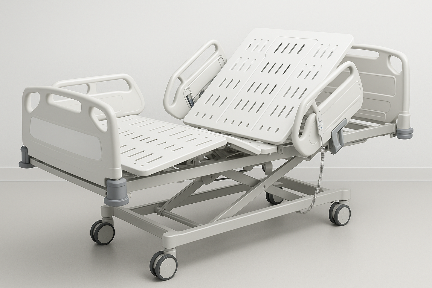 Premium 5-function electric ICU bed with ABS head/foot panels, remote-controlled backrest, knee-rest, height, Trendelenburg & reverse Trendelenburg adjustments. Central braking system, aluminum side rails, and mattress base with ventilation holes. Ideal for multi-specialty ICUs.