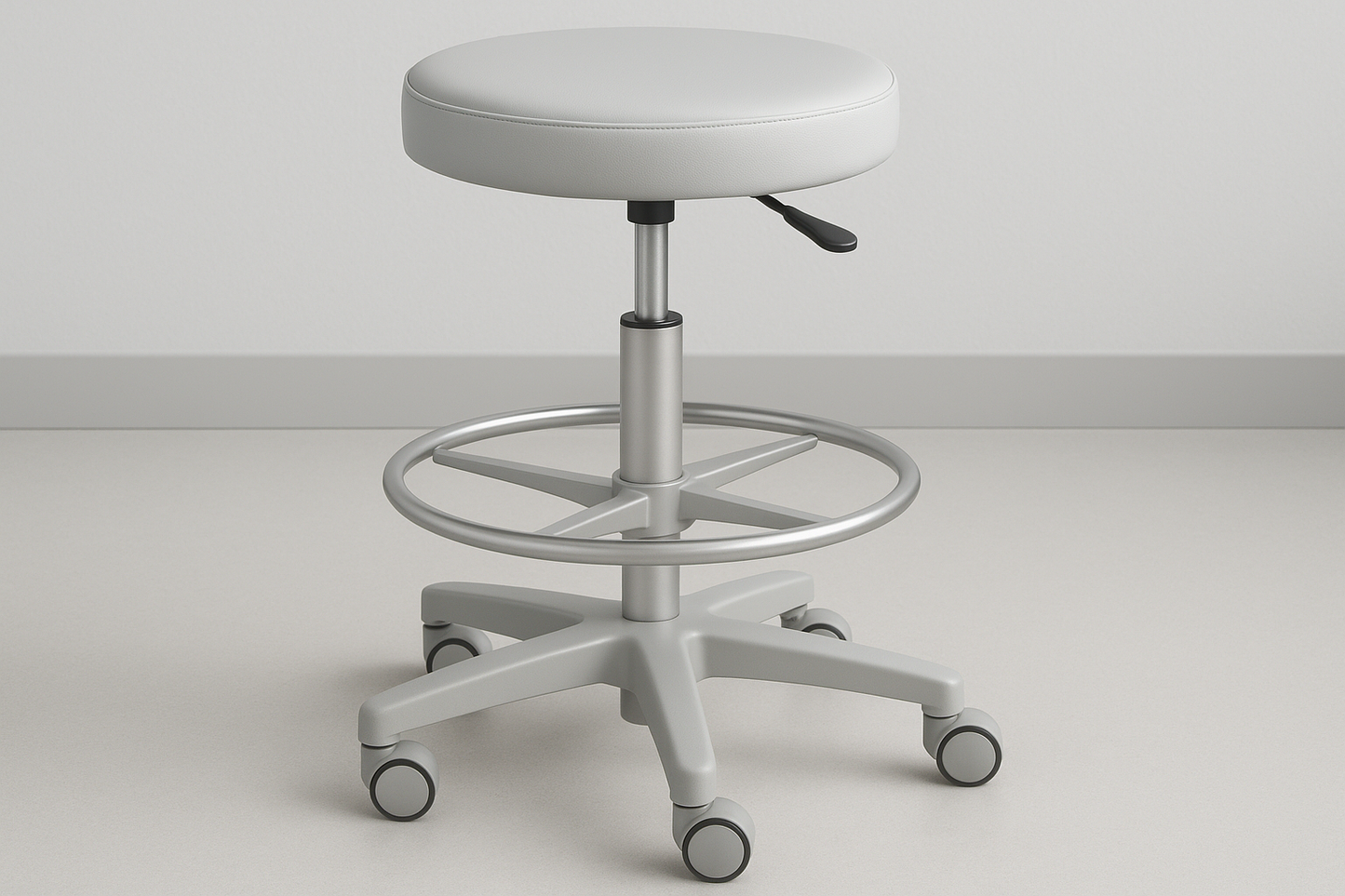 PU padded stool with foot ring, swivel base, and quiet castor wheels. Ergonomic for surgical staff.
