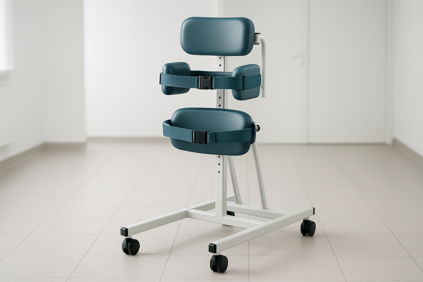 Safexmart’s Standing Frame is used to improve postural control, weight-bearing, and independence during rehabilitation. Ideal for pediatric and adult use, it supports vertical positioning through adjustable supports and a strong frame.
**Key Features:**
- Adjustable height and chest/hip straps
- Padded body support panels
- Powder-coated rust-proof steel frame
- Designed for long-duration standing
- Suitable for clinics, rehab centers, or home use