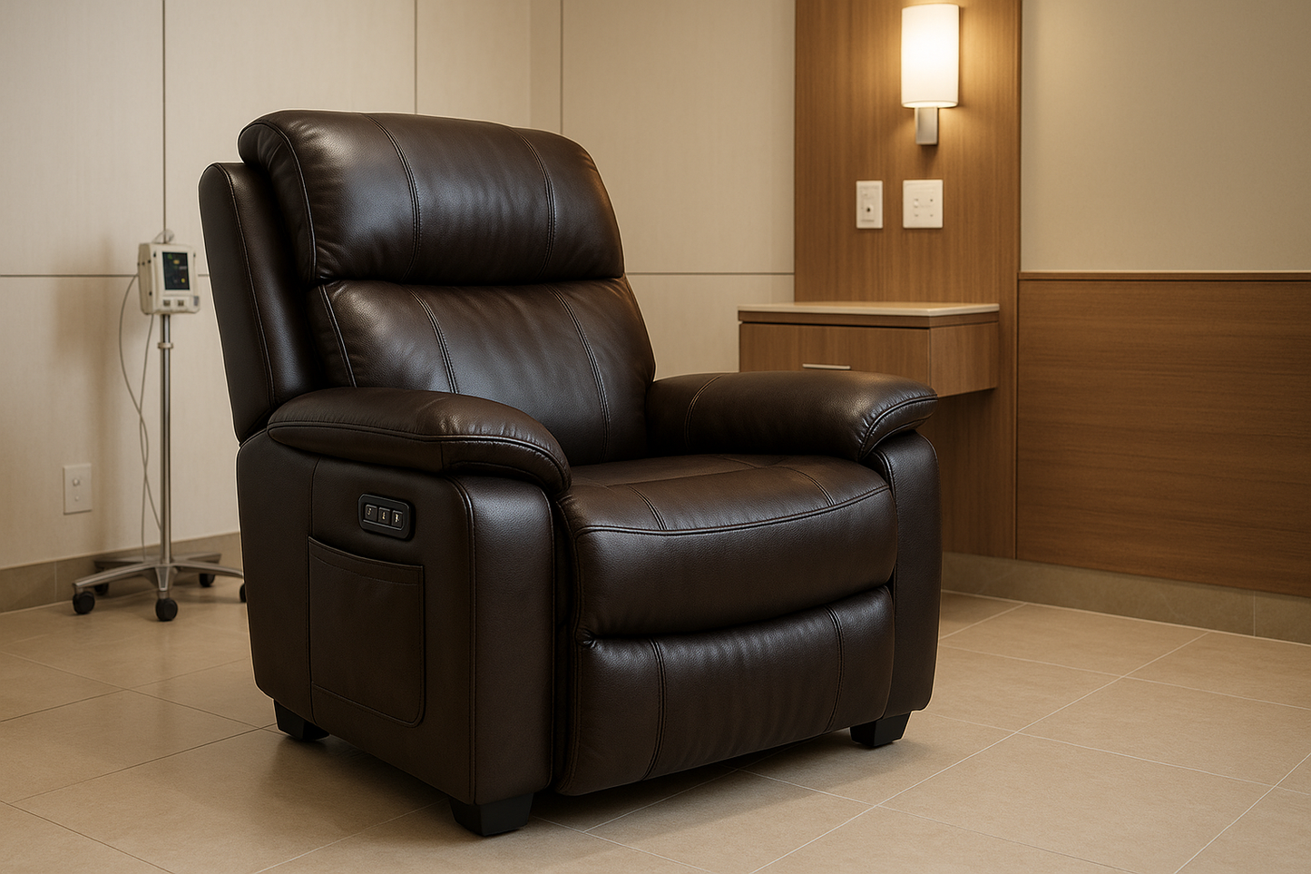The Luxury Leather Recliner Chair delivers premium comfort with a leather finish, electric reclining controls, and side storage pockets. Ideal for VIP patient rooms or executive health check-up lounges, it combines high-end aesthetics with hospital-grade durability.
