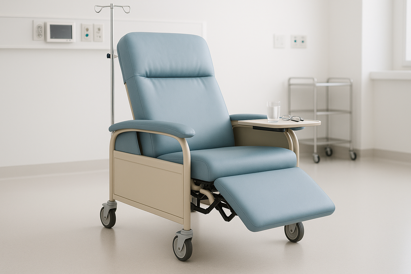 The Premium Hospital Recliner Chair is designed for ultimate patient comfort and caregiver convenience. It features high-density cushioning, an adjustable backrest and leg rest, a detachable side tray for meals or personal items, and an integrated IV pole attachment. The sturdy powder-coated steel frame ensures durability, while the washable upholstery meets hospital hygiene standards. Perfect for patient rooms, recovery wards, and long-term care facilities.