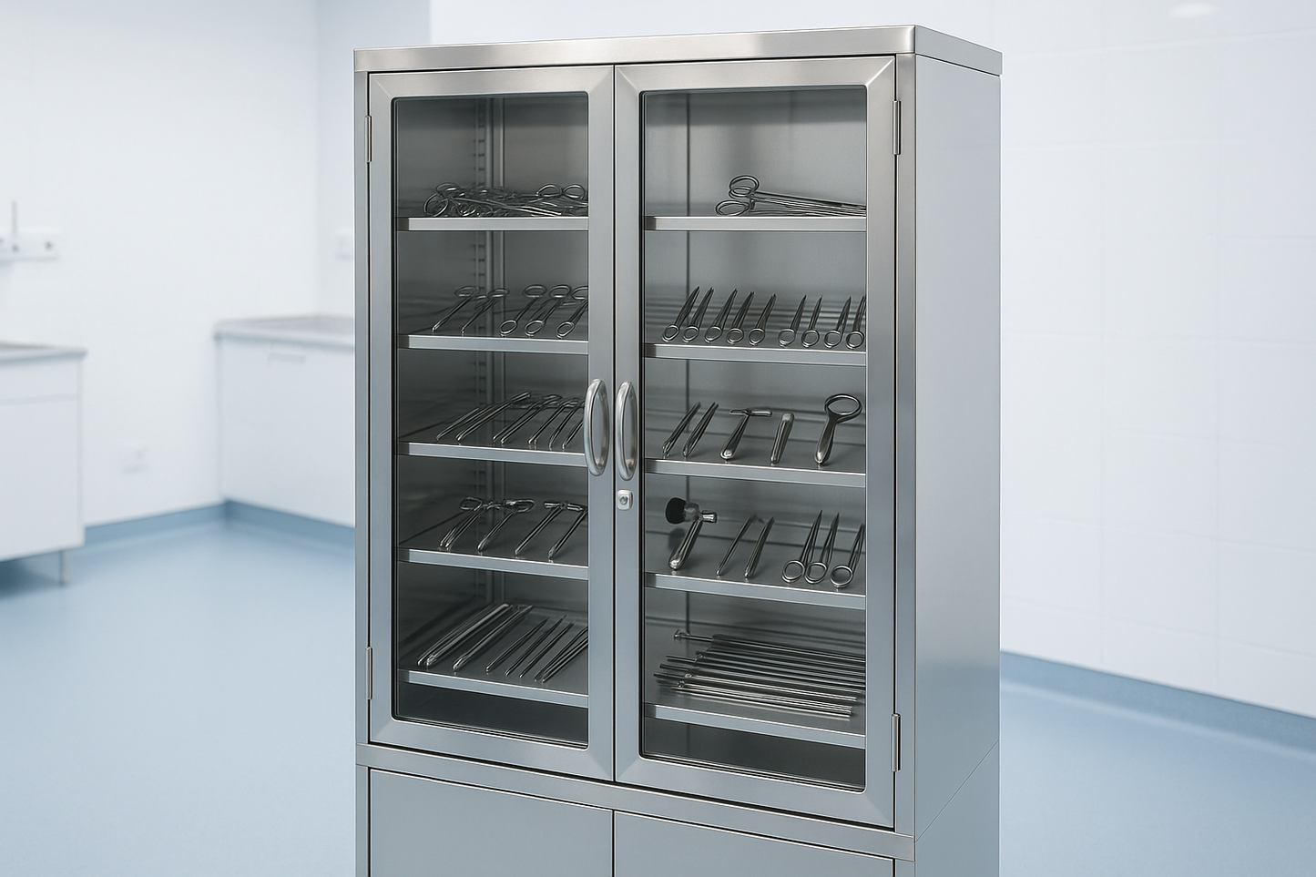 The Stainless Steel Instrument Cabinet with Glass Door is designed for safe and hygienic storage of surgical and diagnostic instruments. Featuring adjustable shelves, double lockable glass doors, and rust-resistant stainless steel, this cabinet ensures easy visibility and quick access. Ideal for operation theatres, diagnostic centers, and sterile storage rooms.