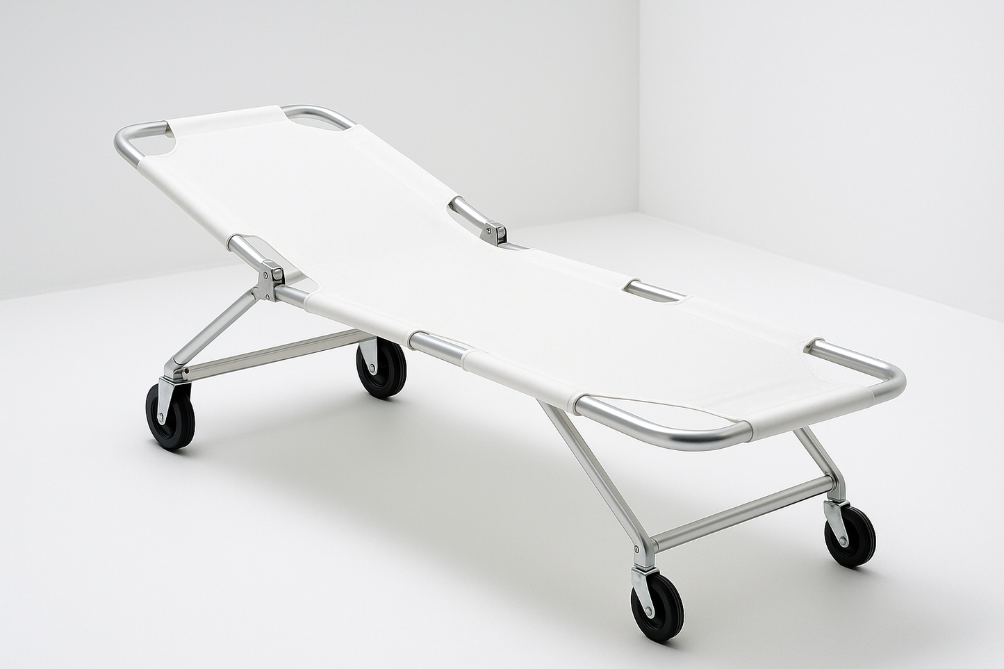 Two-fold stretcher with collapsible aluminum frame, high-strength canvas top, and rear wheels for easy transport. Lightweight and compact for storage. Ideal for first-aid teams and ambulances.