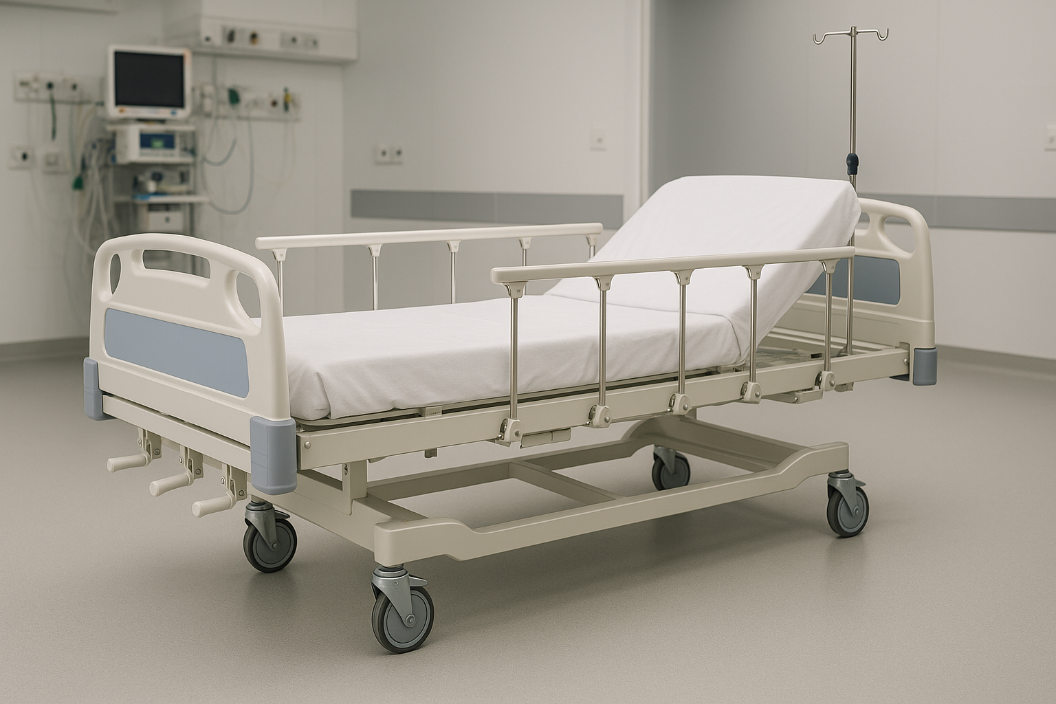 3-crank manual ICU bed featuring backrest, knee-rest, and height adjustment using mechanical cranks. Comes with collapsible side rails, powder-coated steel frame, and IV rod provision. Designed for semi-critical care units and wards.