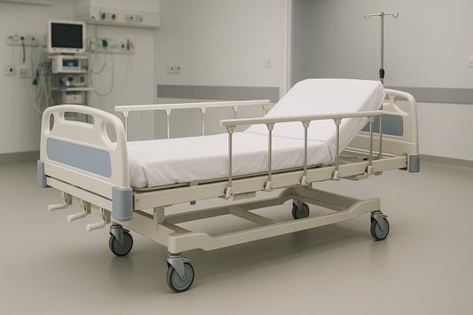 3-crank manual ICU bed featuring backrest, knee-rest, and height adjustment using mechanical cranks. Comes with collapsible side rails, powder-coated steel frame, and IV rod provision. Designed for semi-critical care units and wards.