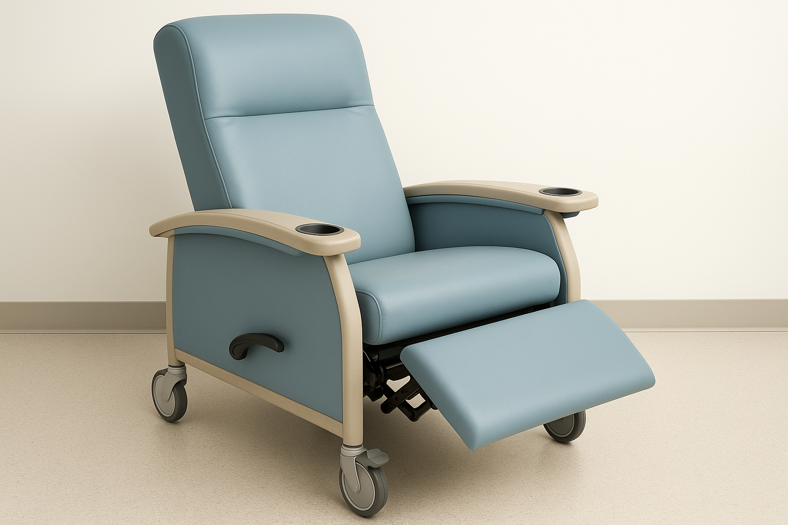 3-position recliner chair made for IV therapy and chemo settings. Features anti-microbial and waterproof vinyl cover, manual recline control, locking rear wheels, and ergonomic armrest with cup tray. Supports up to 150 kg.