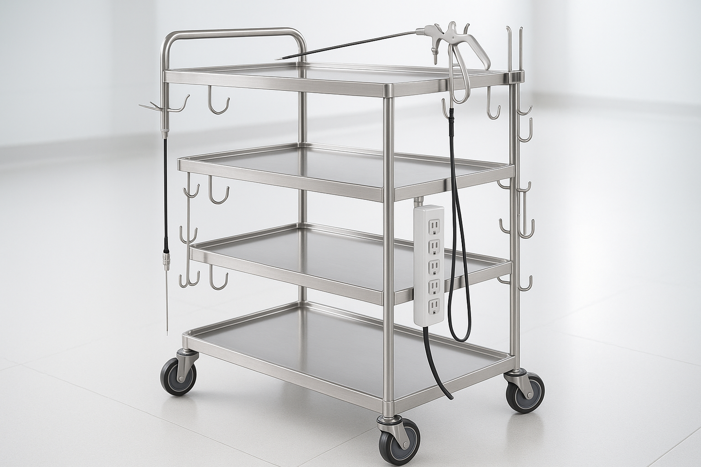 4-shelf SS laparoscopic trolley with power strip and hooks for endoscopic devices.
