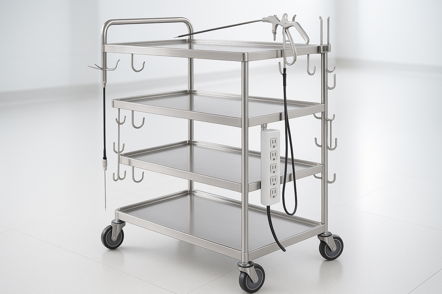 4-shelf SS laparoscopic trolley with power strip and hooks for endoscopic devices.