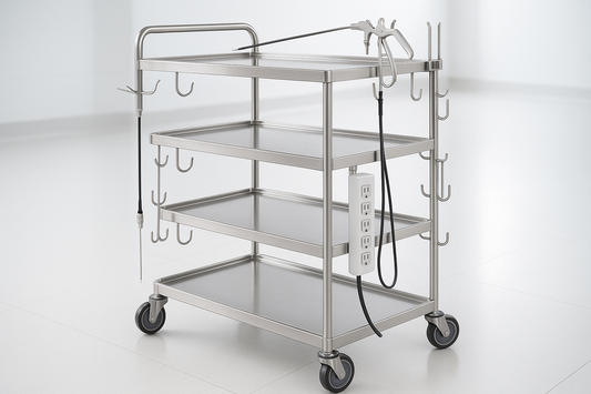 4-shelf SS laparoscopic trolley with power strip and hooks for endoscopic devices.