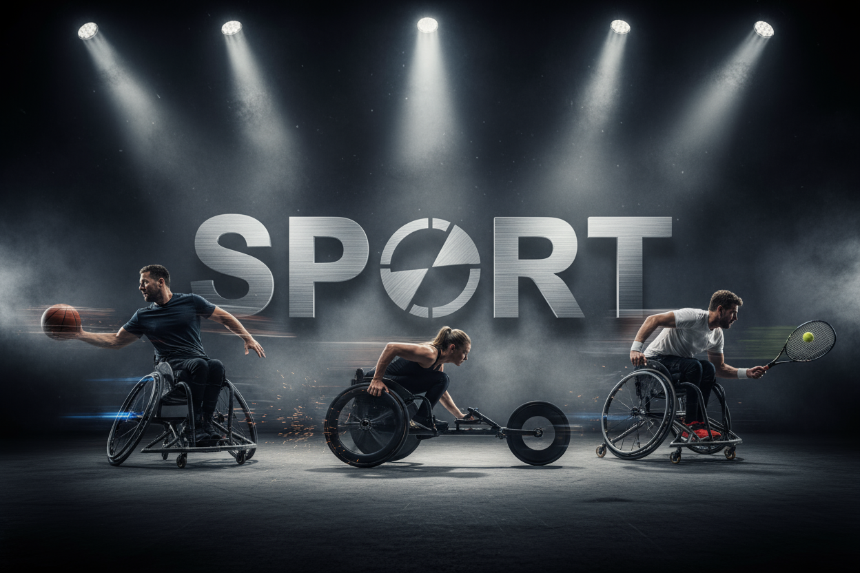 A wide, dramatic banner image on a dark, smoky stage lit by intense spotlights. The large word 'SPORT' is integrated into the center. Show three competitive athletes in specialized high-performance sports wheelchairs—one playing basketball, one racing, and one playing tennis. Emphasize speed, determination, and the sleek design of the chairs