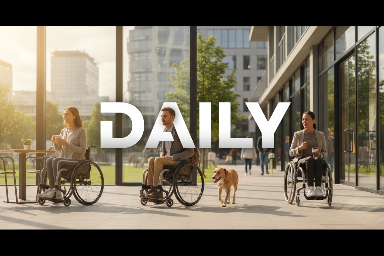 A wide, uplifting banner image on a modern, naturally lit urban background. The large word 'DAILY' is integrated into the center. Show three diverse people in sleek, lightweight everyday wheelchairs, engaged in typical daily activities: at a cafe, in a park, or casually moving. Emphasize independence, comfort, and modern lifestyle.
