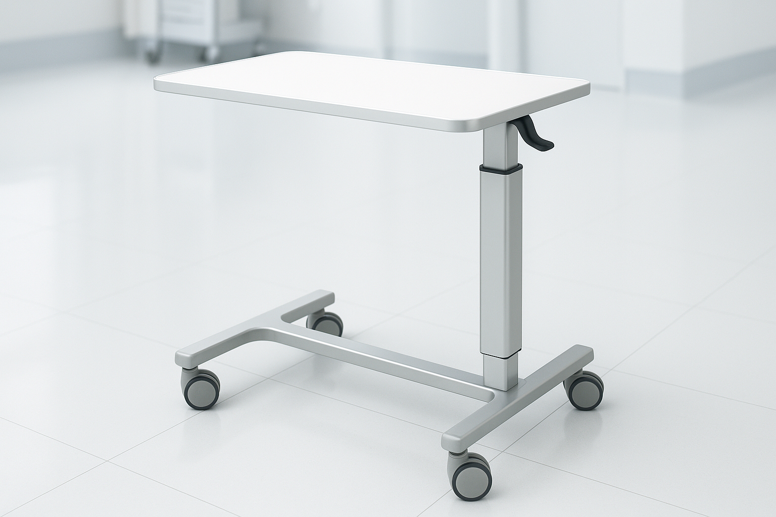 Adjustable ICU overbed table with laminated top and smooth hydraulic height adjustment. Equipped with noiseless wheels and C-frame design to slide under beds. Ideal for food trays, charts, or devices