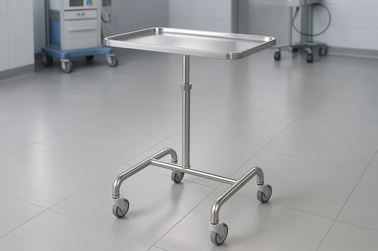 Adjustable stainless steel Mayo tray on castors, ideal for surgery setups.