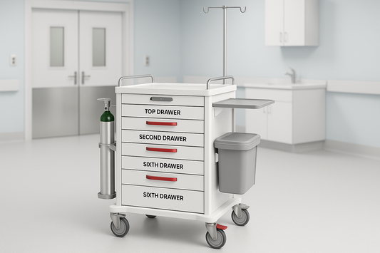 Advanced crash cart trolley with six lockable drawers, sliding shelf, waste bin, IV rod, and oxygen cylinder holder. Anti-rust epoxy finish and smooth mobility wheels. Essential for emergency response zones.