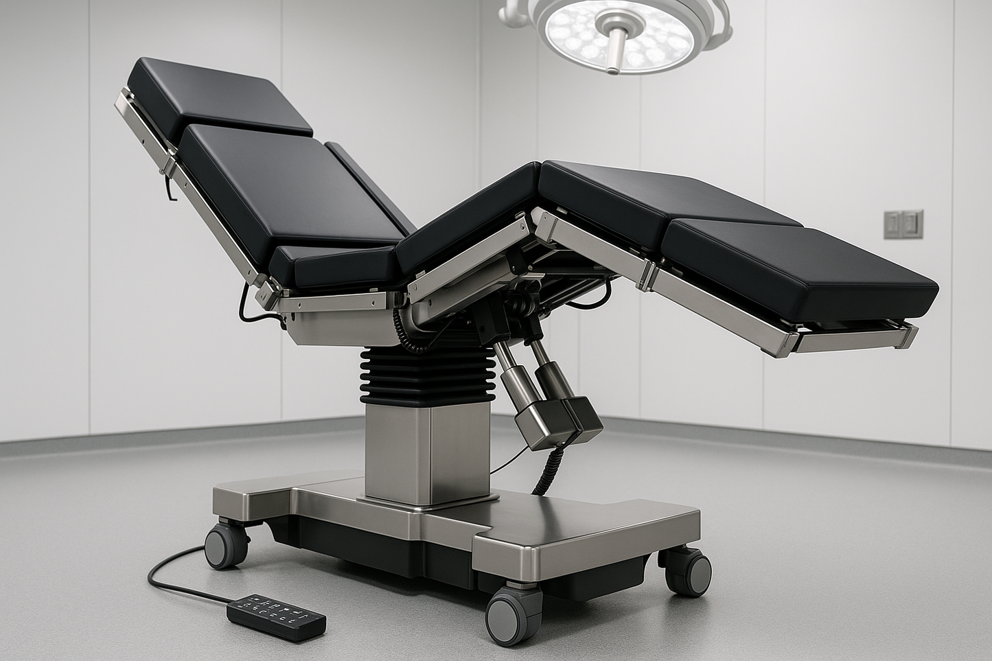 Advanced electric OT table with remote-controlled height, Trendelenburg, and tilt adjustments. 5-section platform with high load capacity.