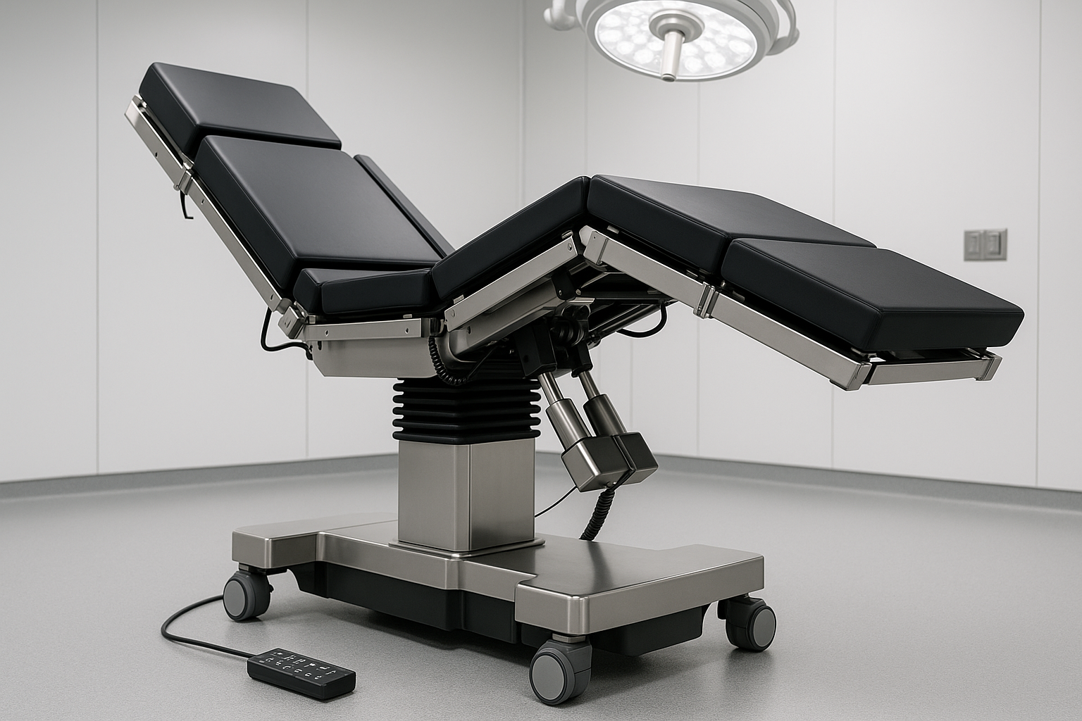 Advanced electric OT table with remote-controlled height, Trendelenburg, and tilt adjustments. 5-section platform with high load capacity.